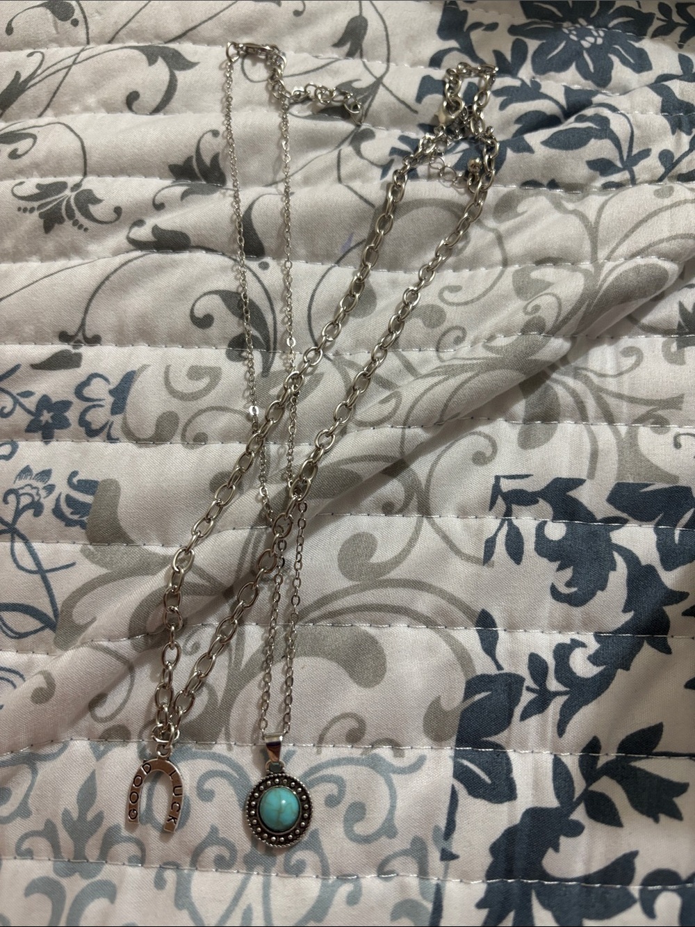 Silver-Tone Turquoise Pendant Necklace with Horseshoe Charm